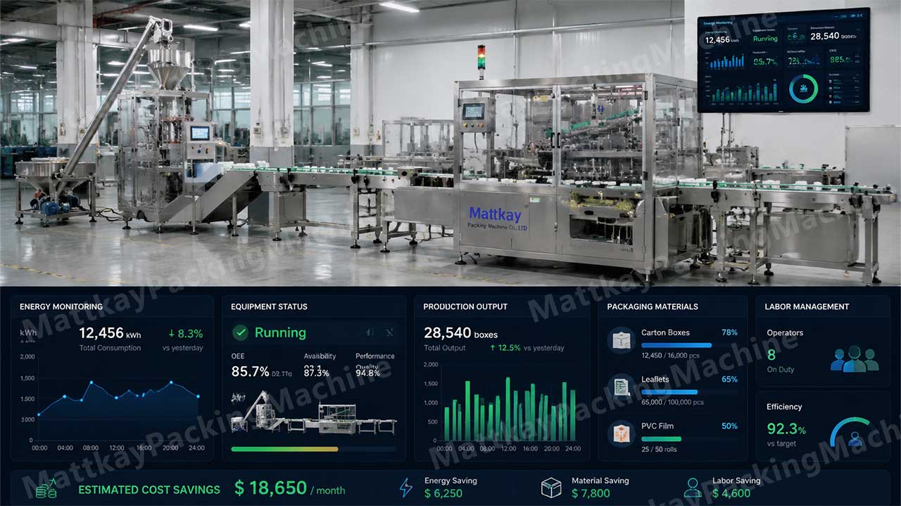 Automated cartoning machines operating on a production line with energy monitoring dashboards, packaging materials, workforce management concepts, industrial cost optimization visualizations, and modern factory layout