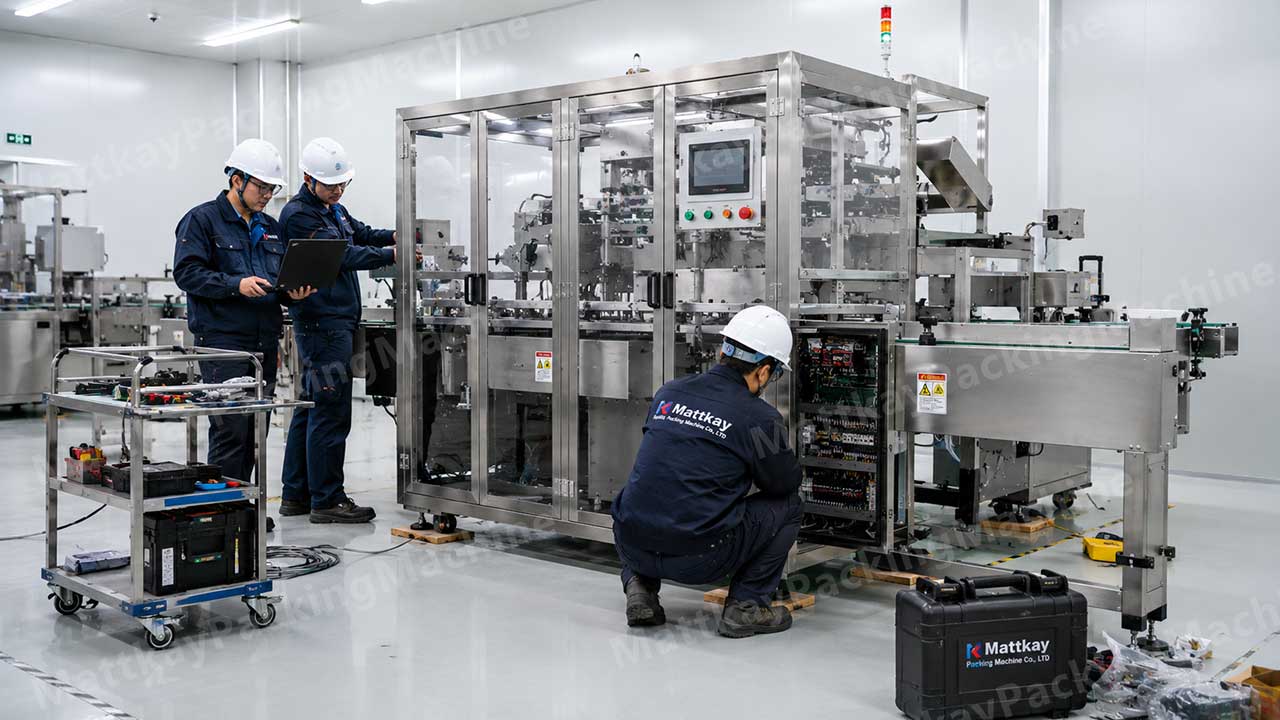 Technicians installing an automatic cartoning machine at a pharmaceutical packaging plant for efficient pharmaceutical packaging production