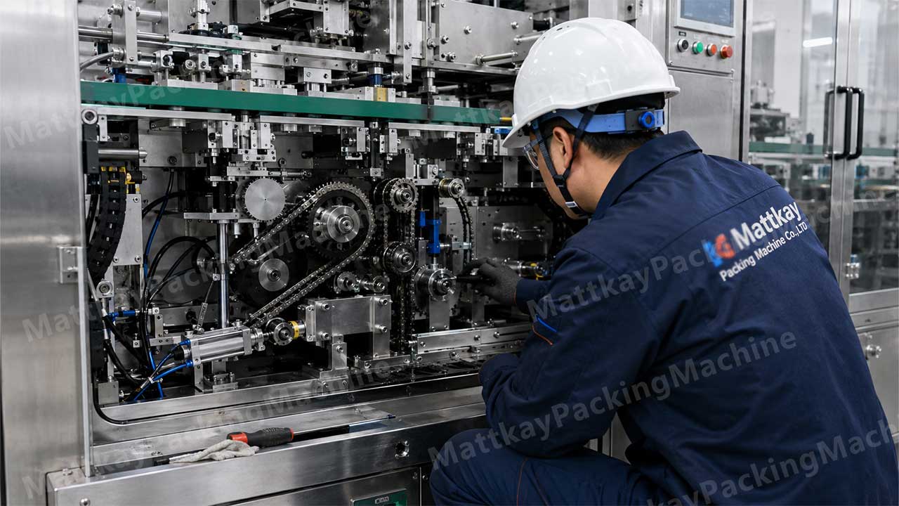Maintenance engineer inspecting the gears and conveyor system of an automatic cartoning machine in an industrial packaging production line