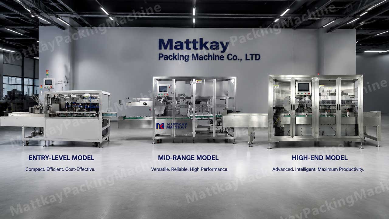 Three automatic cartoning machines arranged side by side, covering entry-level, mid-range, and high-end models for food, pharmaceutical, and consumer goods packaging lines
