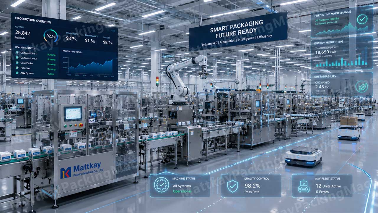 Smart packaging factory of the future with advanced automatic cartoning machines and digital monitoring systems implementing Industry 4.0 automation.