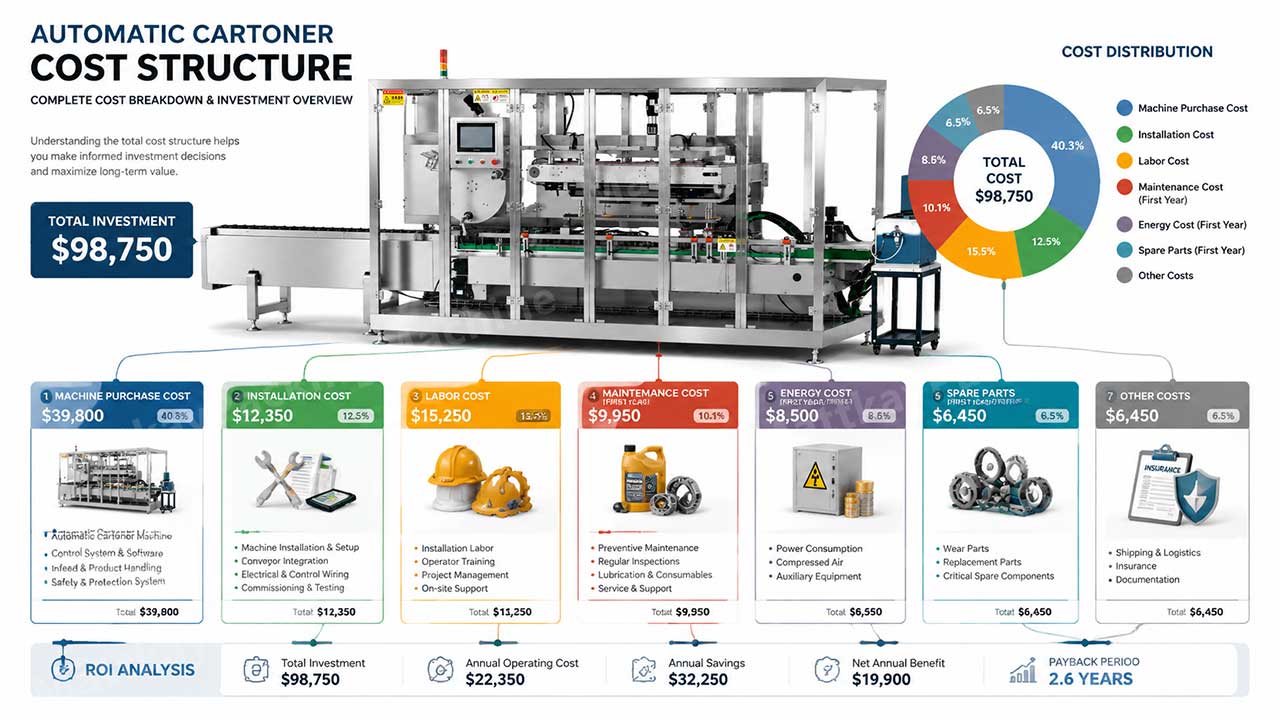 3D infographic showing the cost structure of an automatic cartoning machine, including equipment costs, labor expenses, maintenance costs, and operating expenditures