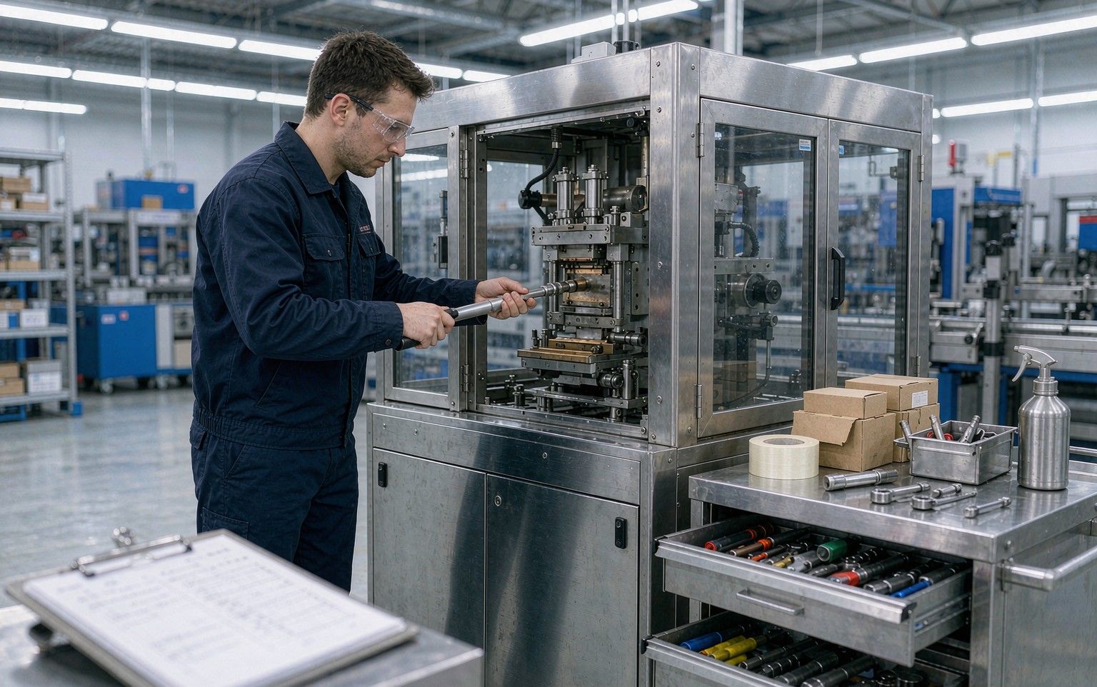 Technician performing preventive maintenance on an automatic cartoning machine in a packaging factory